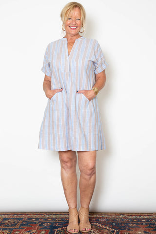 Cindy Dress - Blue Tan stripe